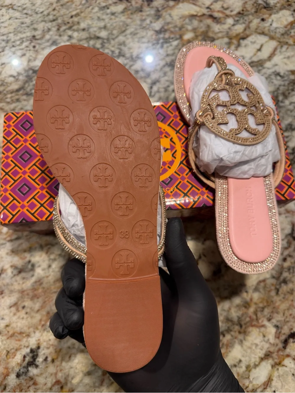 Tory Burch Pink & Gold Miller Logo Sandals